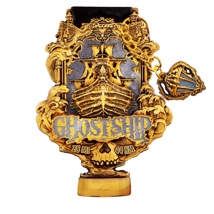 Haunted Adventures Ghost Ship medal with intricate pirate skull design and lantern detailing.