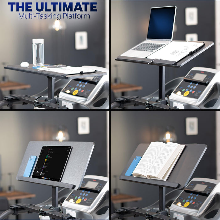 Multi-functional treadmill desk setups with laptop, tablet, phone, and book shown on desk designed for treadmills.