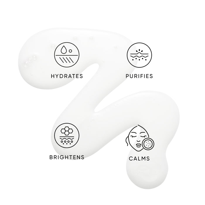 Icons and text indicating hydration, purification, brightening, and calming benefits of Helichrysum Hydrating Toner on a white background.
