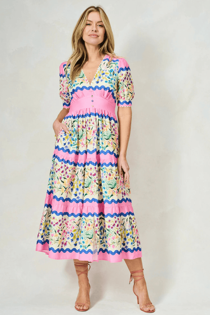 Hope and Ivy 7717M Meredith V - Neck Full - Skirt Tea Dress with Puff Sleeves in Pink Picnic - Dotique