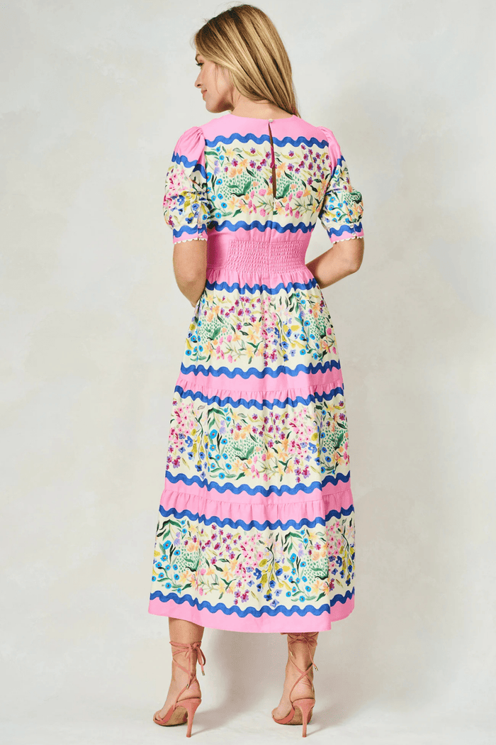 Hope and Ivy 7717M Meredith V - Neck Full - Skirt Tea Dress with Puff Sleeves in Pink Picnic - Dotique