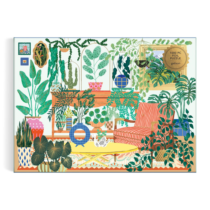 Illustration from the Faye Guanipa Houseplant Haven 1000 Piece Foil Puzzle: a cozy room with lush potted plants, a red-striped armchair, yellow rug, wall art, and a cat—capturing a vibrant indoor jungle scene.