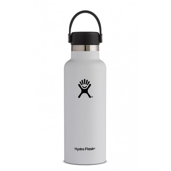 white 18 oz standard mouth hydro flask bottle keeps liquids cold for up to 24 hours and hot up to 6. bpa-free