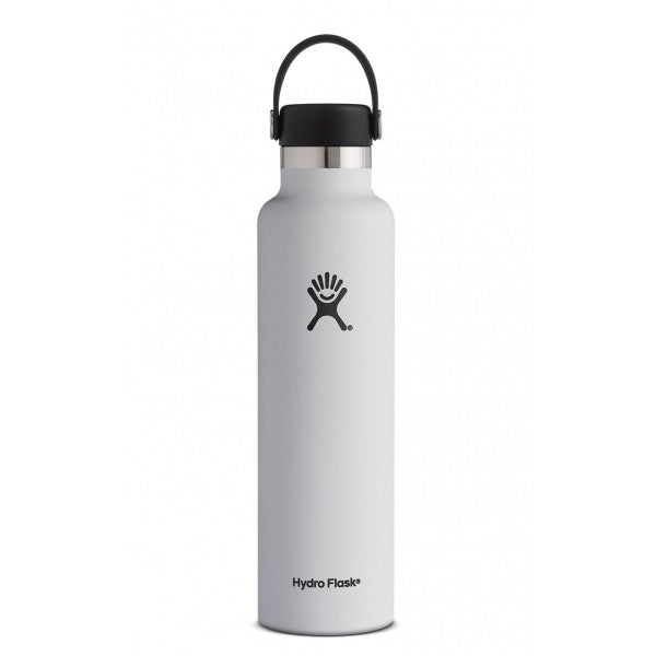 white 24 oz standard mouth hydro flask bottle keeps liquids cold for up to 24 hours and hot up to 6. bpa-free