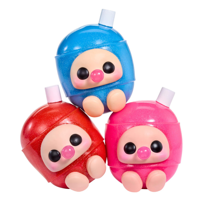 Three colorful Hyojo BLOW POP characters in blue, red, and pink, blowing bubble gum bubbles on a white background
