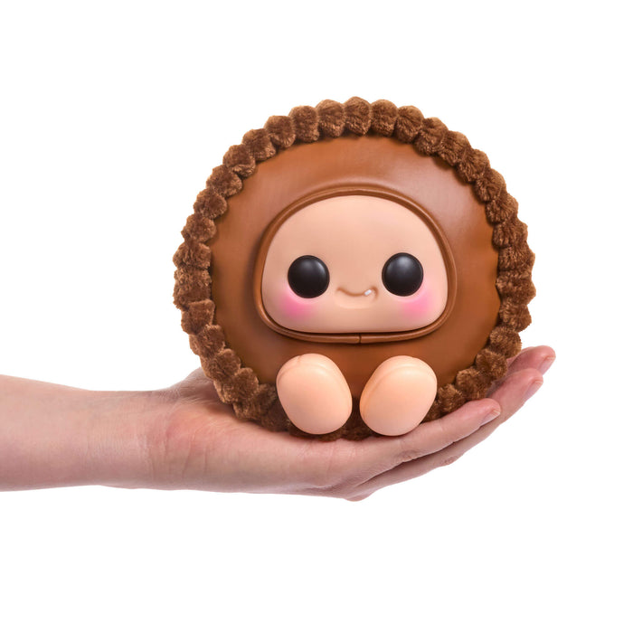 Cute brown plush toy resembling a Reese's Peanut Butter Cup with a face on a white background