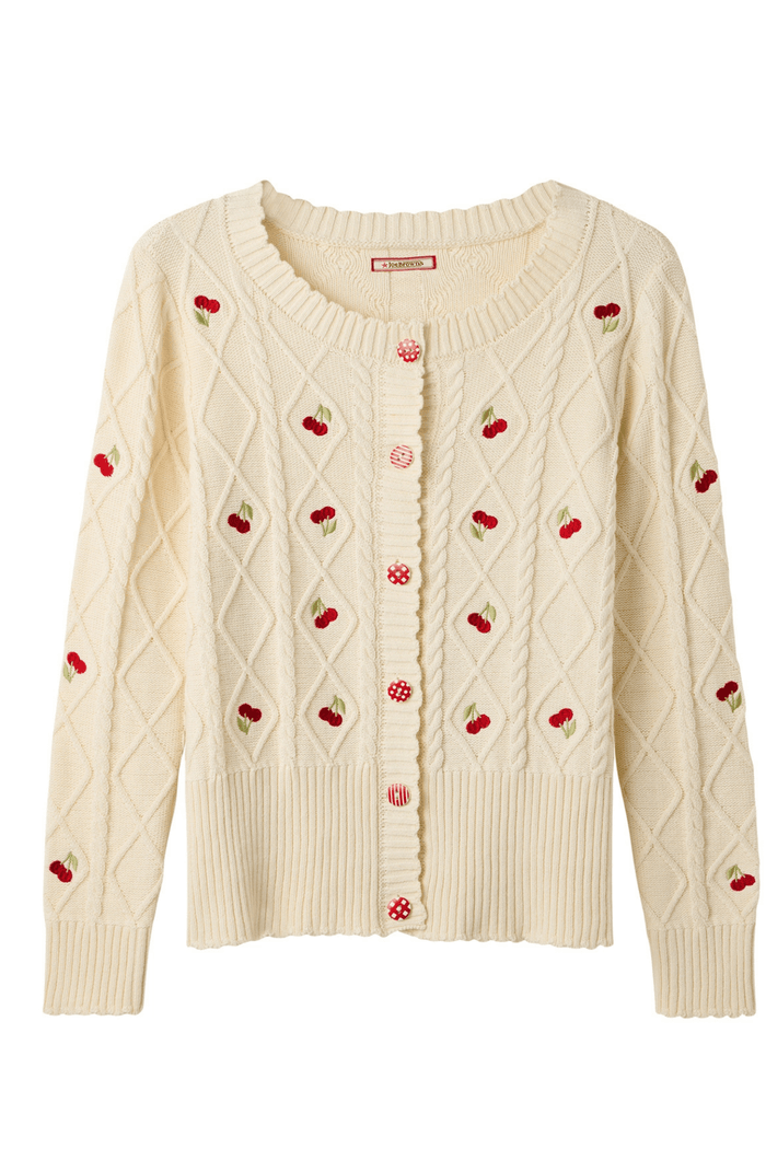 Joe Browns WK795A Cherry Embroidered Cream Cable Knit Cardigan - Dotique