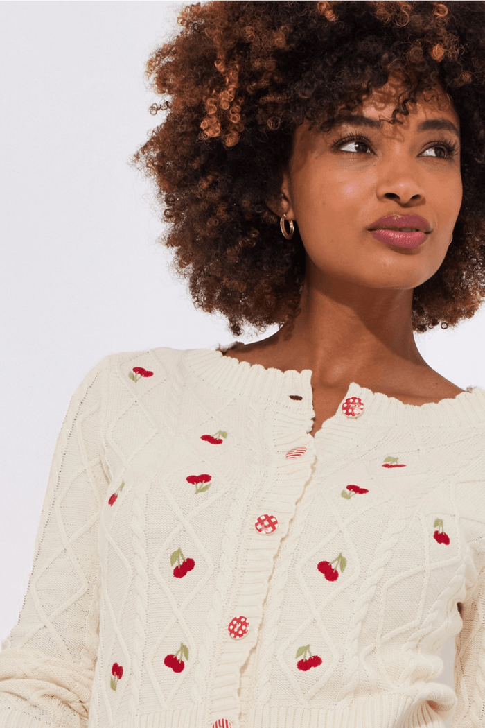 Joe Browns WK795A Cherry Embroidered Cream Cable Knit Cardigan - Dotique
