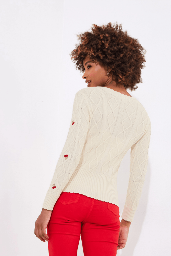 Joe Browns WK795A Cherry Embroidered Cream Cable Knit Cardigan - Dotique