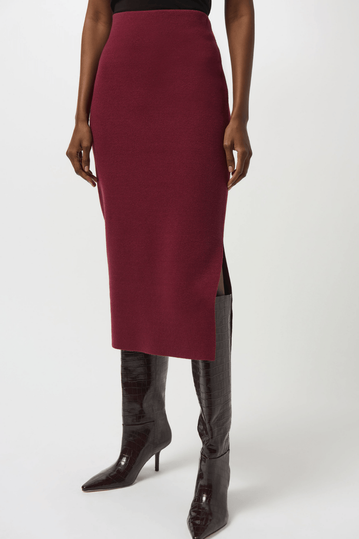 Joseph Ribkoff merlot knit midi skirt with elastic waist and slit – Dotique