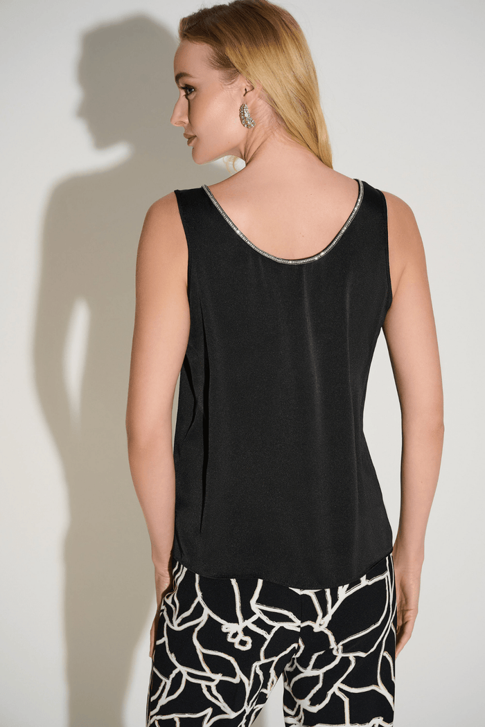 Joseph Ribkoff black satin sleeveless top with rhinestone neckline – Dotique