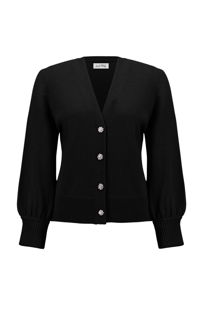 Joseph Ribkoff black knit cardigan with puff sleeves and rhinestone buttons – Dotique