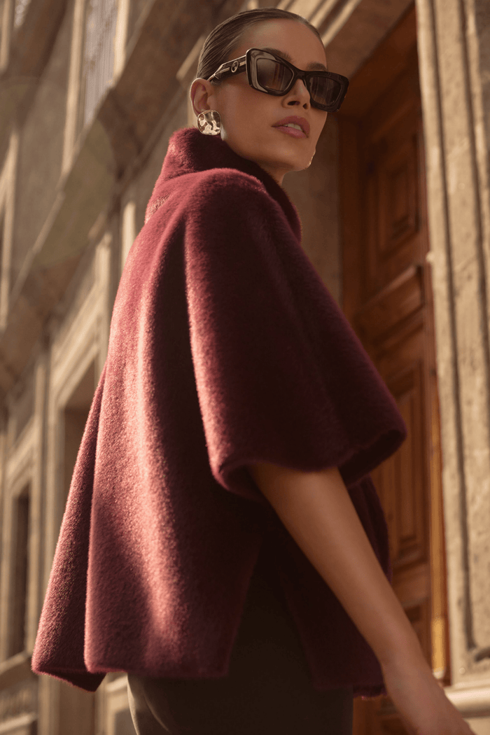 Joseph Ribkoff merlot faux fur suede jacket with mock collar – Dotique