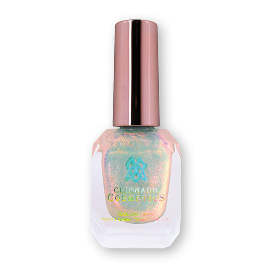 Bottle of nail polish containing Joys of Spring Nail Lacquer on white background.