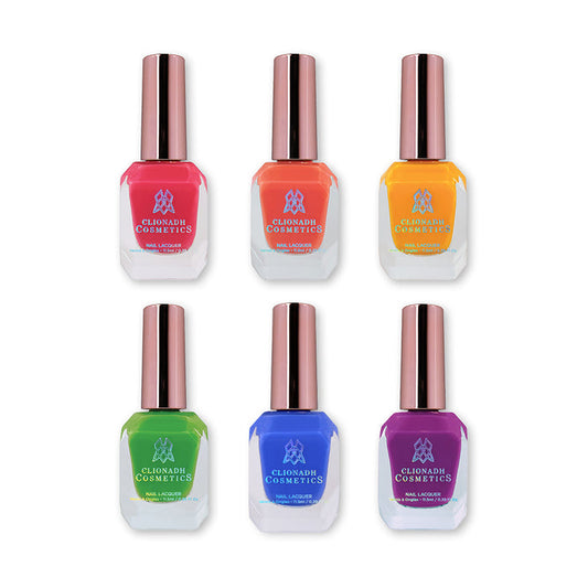 Six bottles of nail polish containing Juicy Jelly Nail Lacquers on a white background.