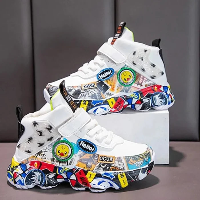 Kids Graffiti Sports Sneakers – Boys & Girls Cartoon Pattern Casual Athletic Shoes, Size 26–36