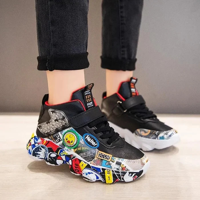 Kids Graffiti Sports Sneakers – Boys & Girls Cartoon Pattern Casual Athletic Shoes, Size 26–36
