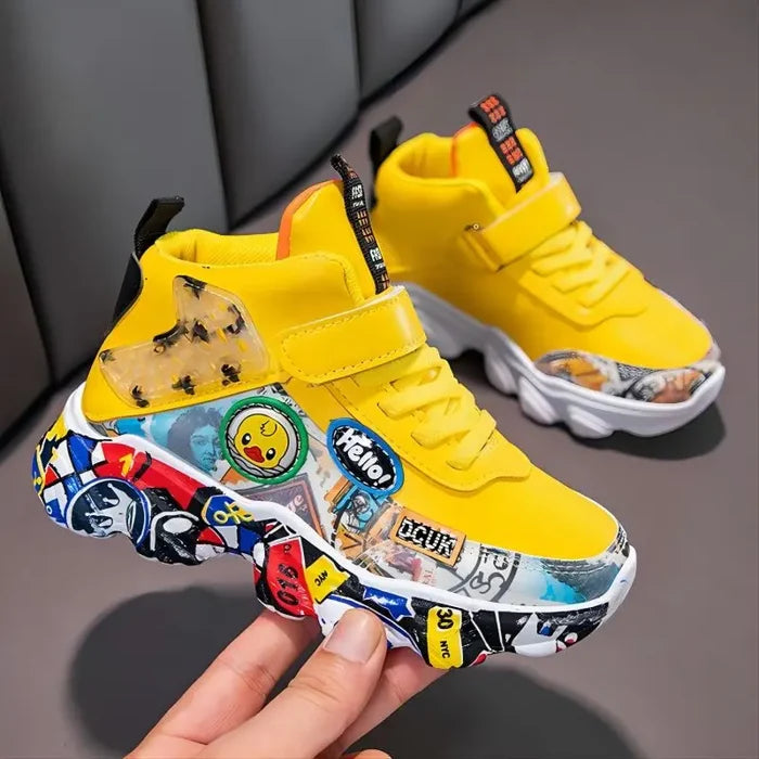 Kids Graffiti Sports Sneakers – Boys & Girls Cartoon Pattern Casual Athletic Shoes, Size 26–36