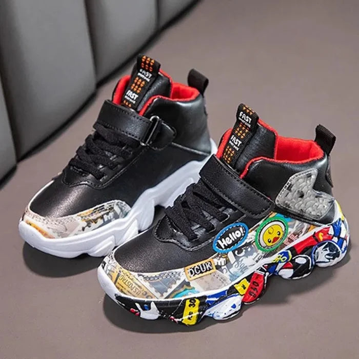 Kids Graffiti Sports Sneakers – Boys & Girls Cartoon Pattern Casual Athletic Shoes, Size 26–36