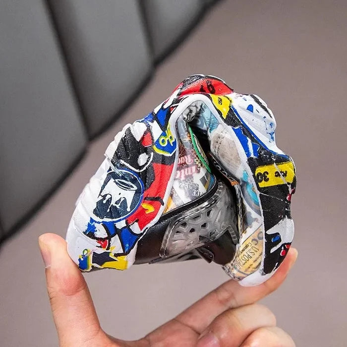 Kids Graffiti Sports Sneakers – Boys & Girls Cartoon Pattern Casual Athletic Shoes, Size 26–36