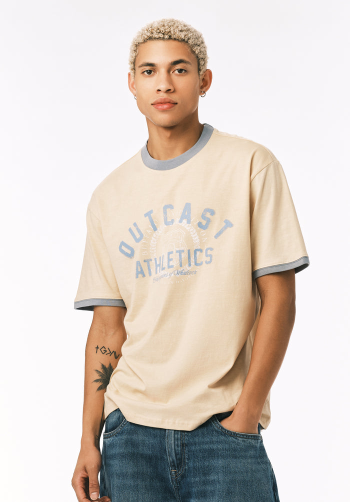 Buffalo Men Tops Beige Knit Knit Short Sleeve Crew Neckline Graphic Print
