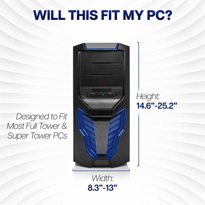 Computer tower with dimensions on a white background and text stating 'WILL THIS FIT MY PC?'.
