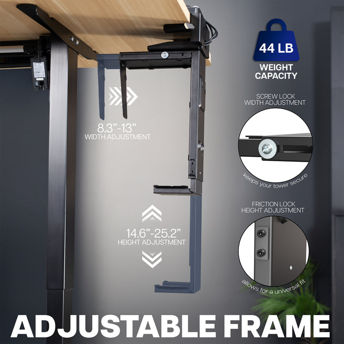 Under desk PC Mount with an adjustable frame with height and width adjustment features on a dark background