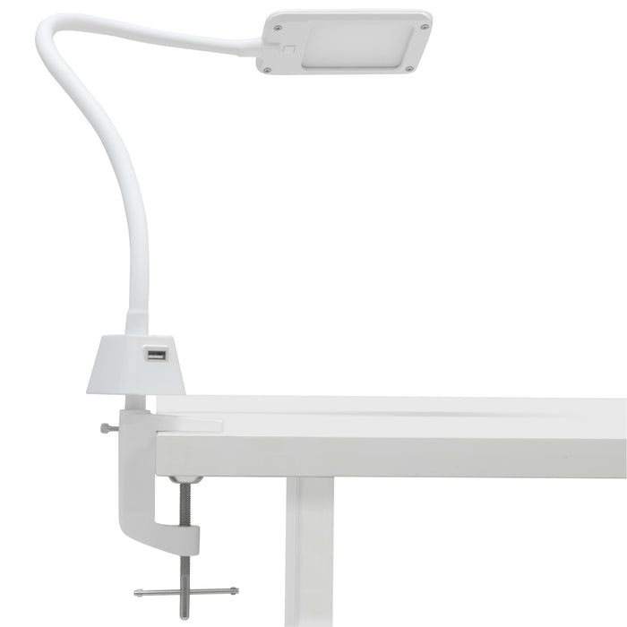 LED Flex Lamp for Office, Art, Sewing, or Crafts with USB Charging Port and Metal Clamp Base White 12006