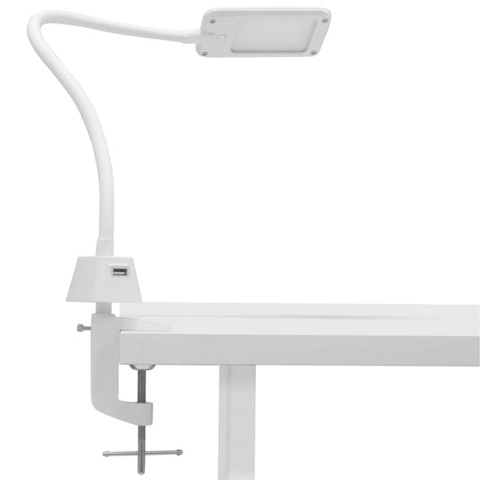 LED Flex Lamp for Office, Art, Sewing, or Crafts with USB Charging Port and Metal Clamp Base White 12006