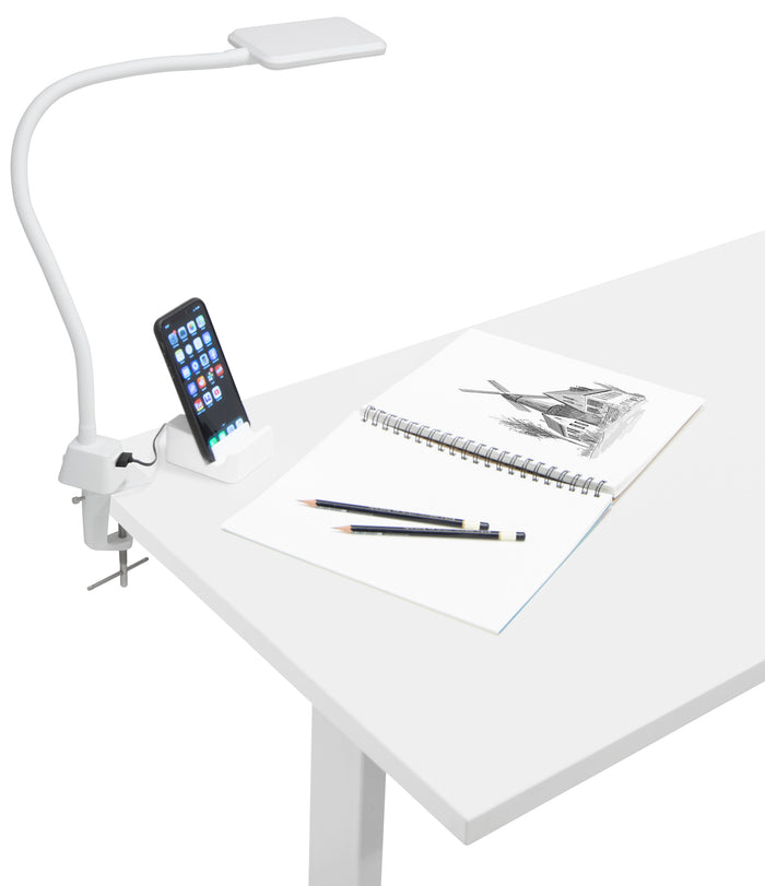 LED Flex Lamp for Office, Art, Sewing, or Crafts with USB Charging Port and Metal Clamp Base White 12006