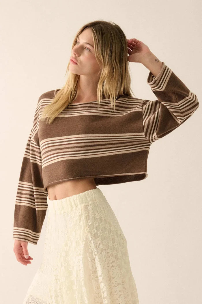 Level Best Striped Rolled-Edge Cropped Sweater - ShopPromesa