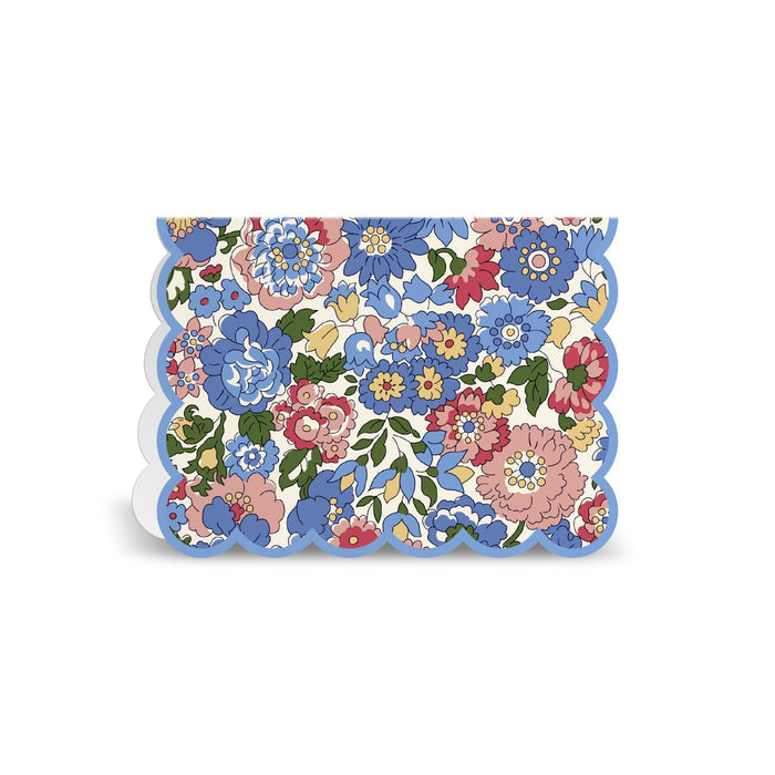 The Liberty London Liberty Premium Notecard Set features scalloped-edged cards with a colorful floral pattern of pink, blue, yellow, and green flowers and leaves on a white background.