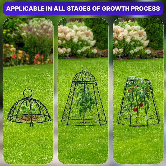 Garden cloches in various stages of use on a grassy background with flowers.