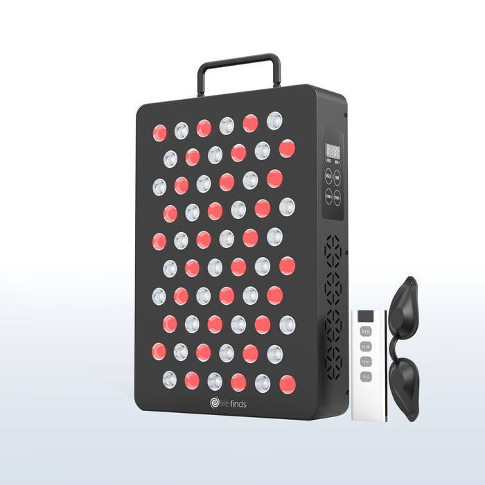 Red light therapy device with red and white LED lights on a light gray background