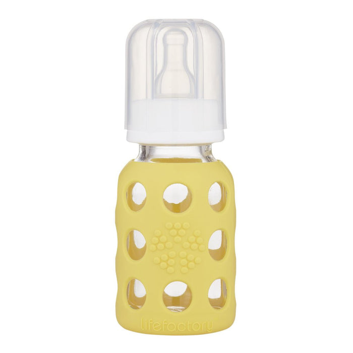 lifefactory 4 oz banana glass baby bottle made of borosilicate glass & a medical grade silicon sleeve. bpa & bps free