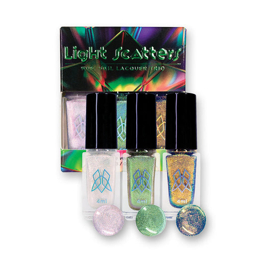 Light Scatters Mini Nail Lacquer Trio bottles and it's box on a white background.