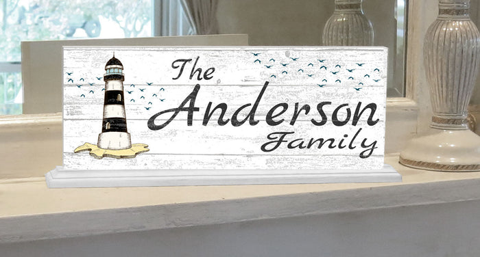 Lighthouse Family Name Sign for Mantel Or Shelf - Broad Bay Personalized Gifts Shipped Fast