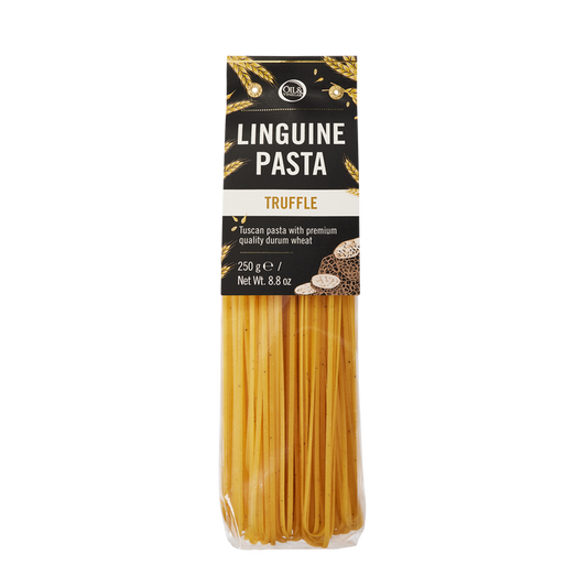 Packaged truffle linguine pasta with a black label