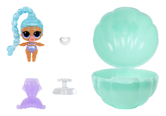 Toydoll with accessories and a green shell-like container on a white background