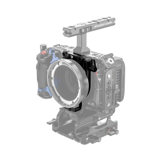 Canon EOS C50 camera body with wooden camera LPL lens support on a white background