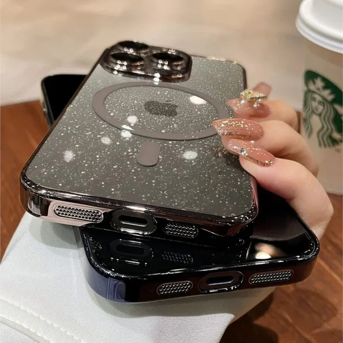 Two stacked, glittery iPhone cases.
