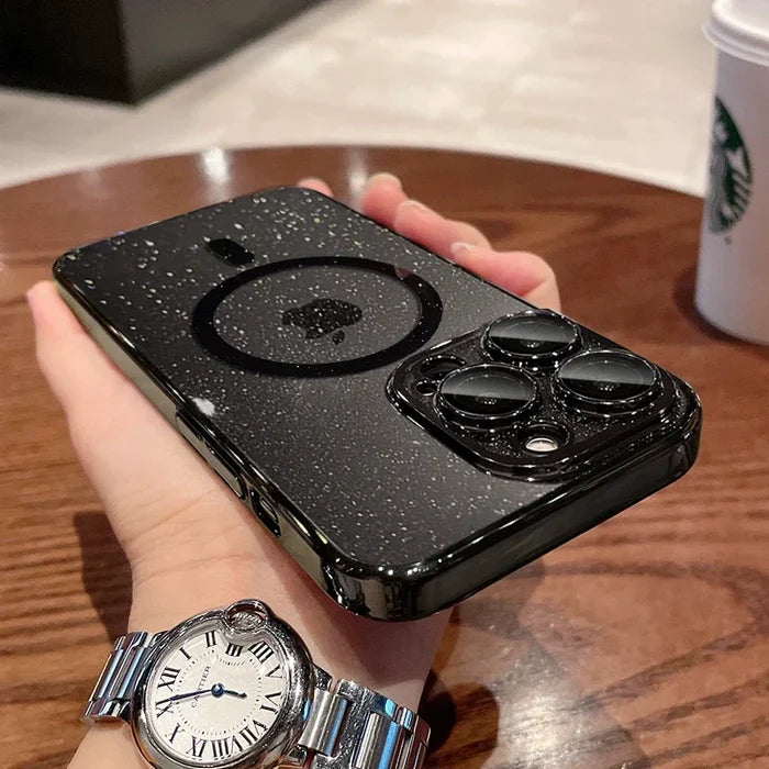 Black glittery phone case.