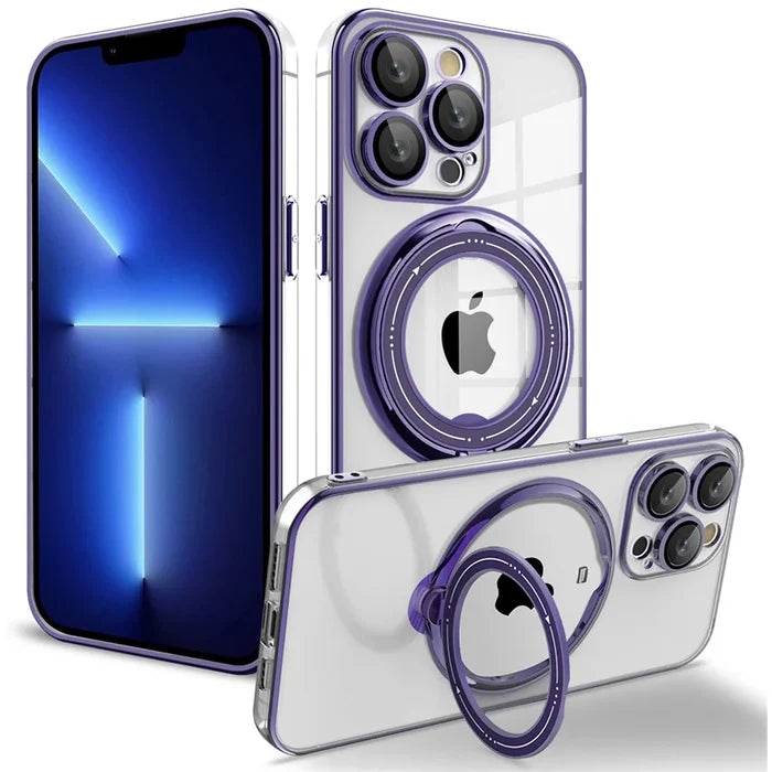 Purple-trimmed iPhone cases with ring stands.