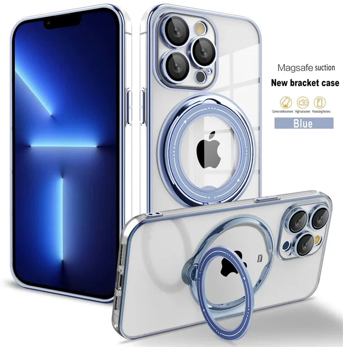 Clear iPhone case with blue accents and MagSafe ring.