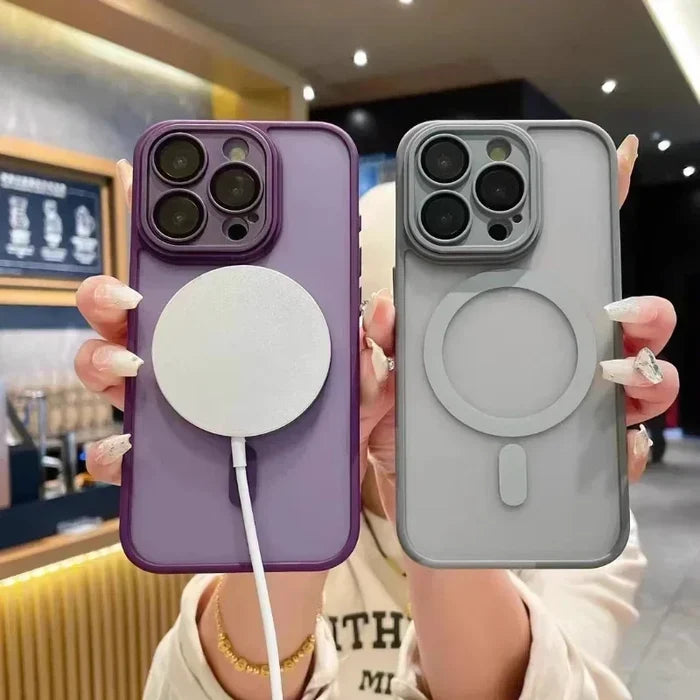 Two iPhone cases with MagSafe chargers.
