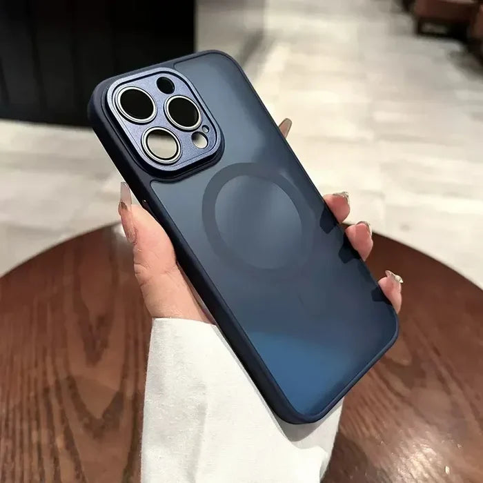 Blue phone case with camera lens protection.