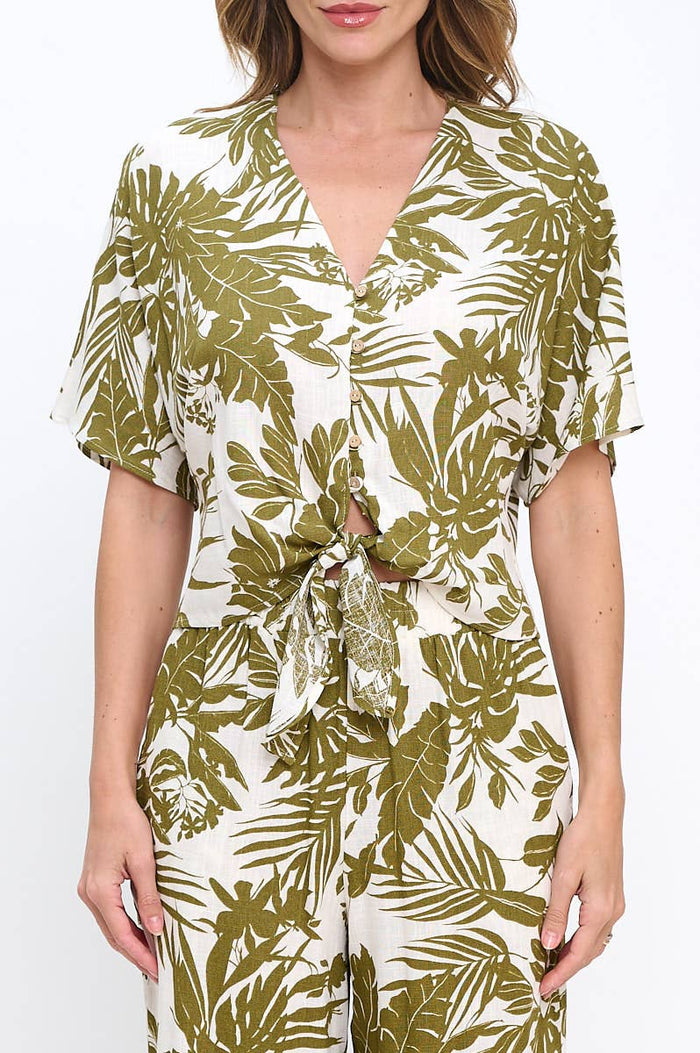 Made in USA Linen Tropical Print V neck Top with Front Tie