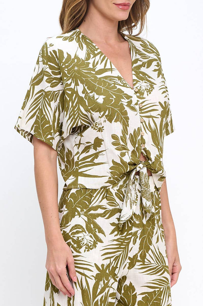 Made in USA Linen Tropical Print V neck Top with Front Tie