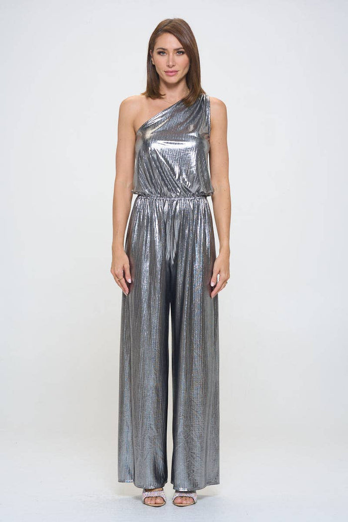 Made in USA Metallic One Shoulder Wide Leg Jumpsuit