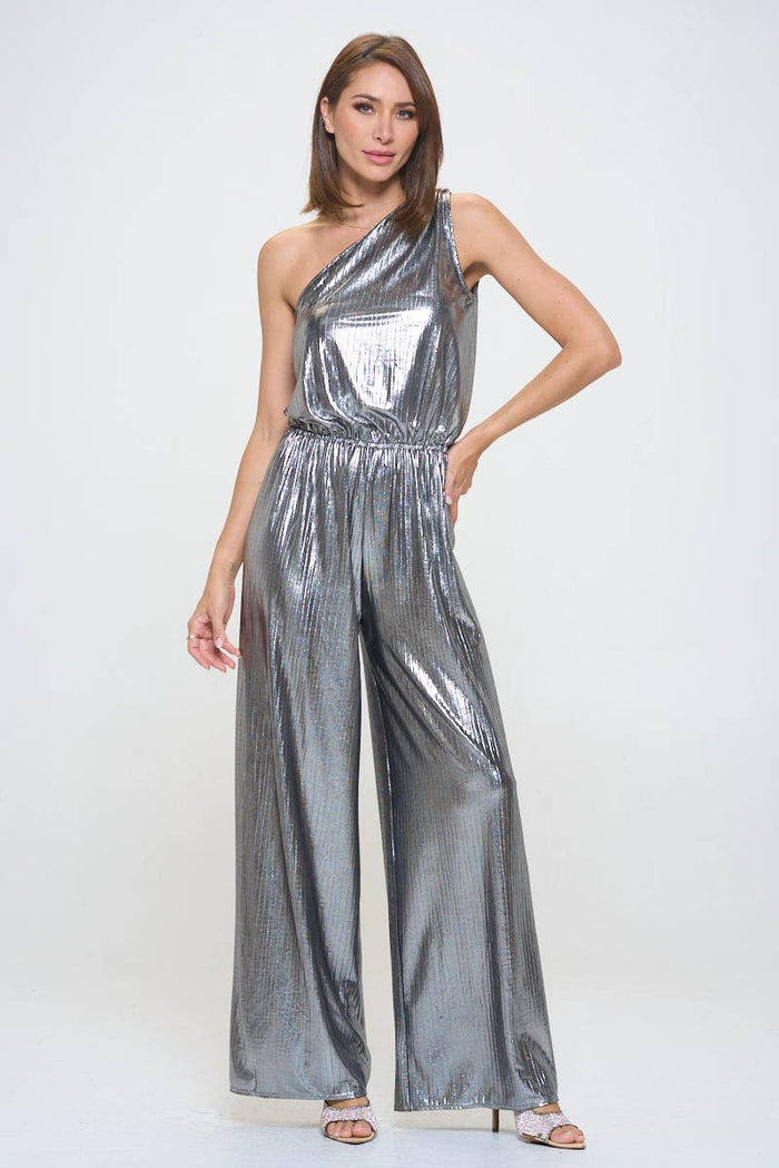 Made in USA Metallic One Shoulder Wide Leg Jumpsuit